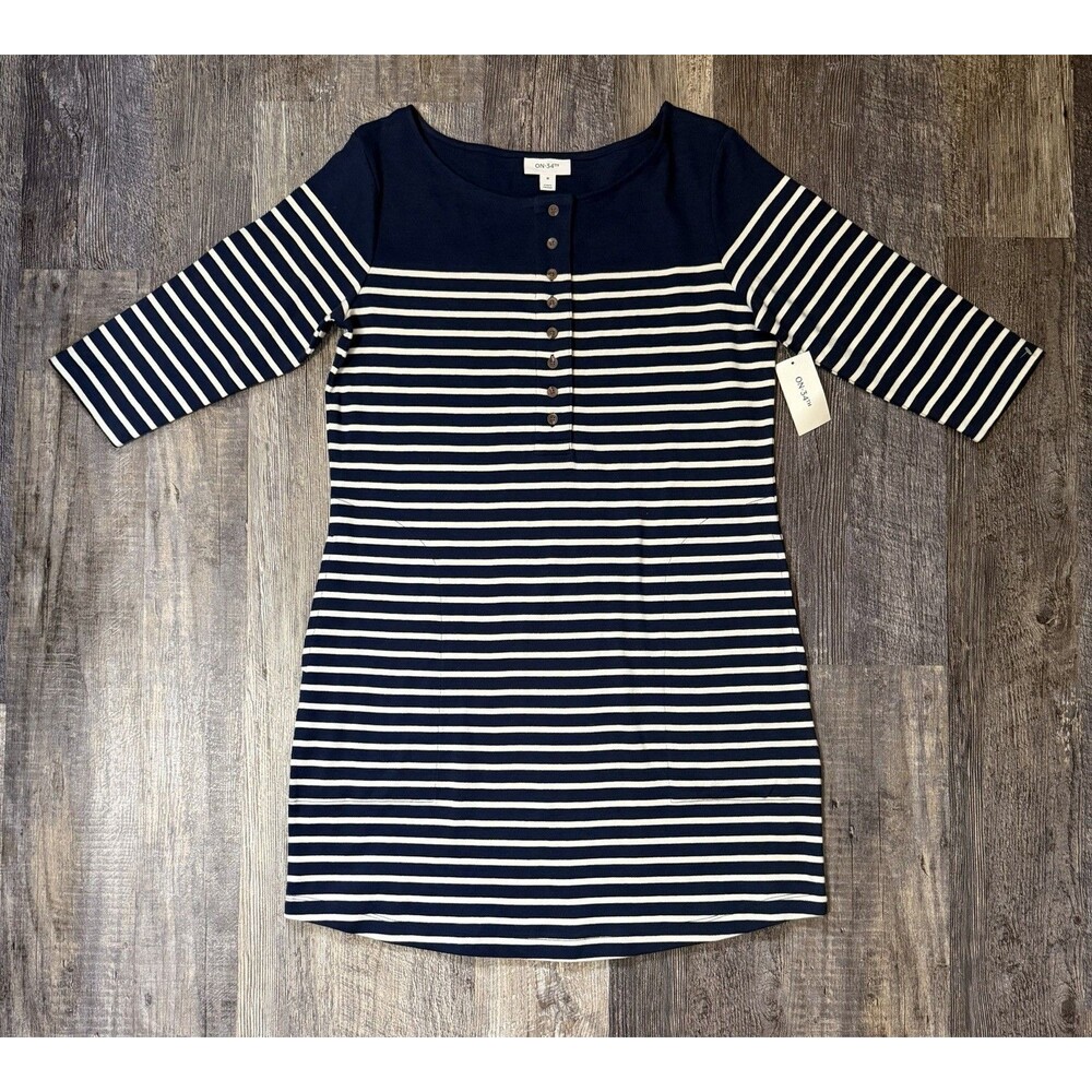 ON 34th Striped Dress Medium Navy White Nautical 3/4 Sleeve NWT